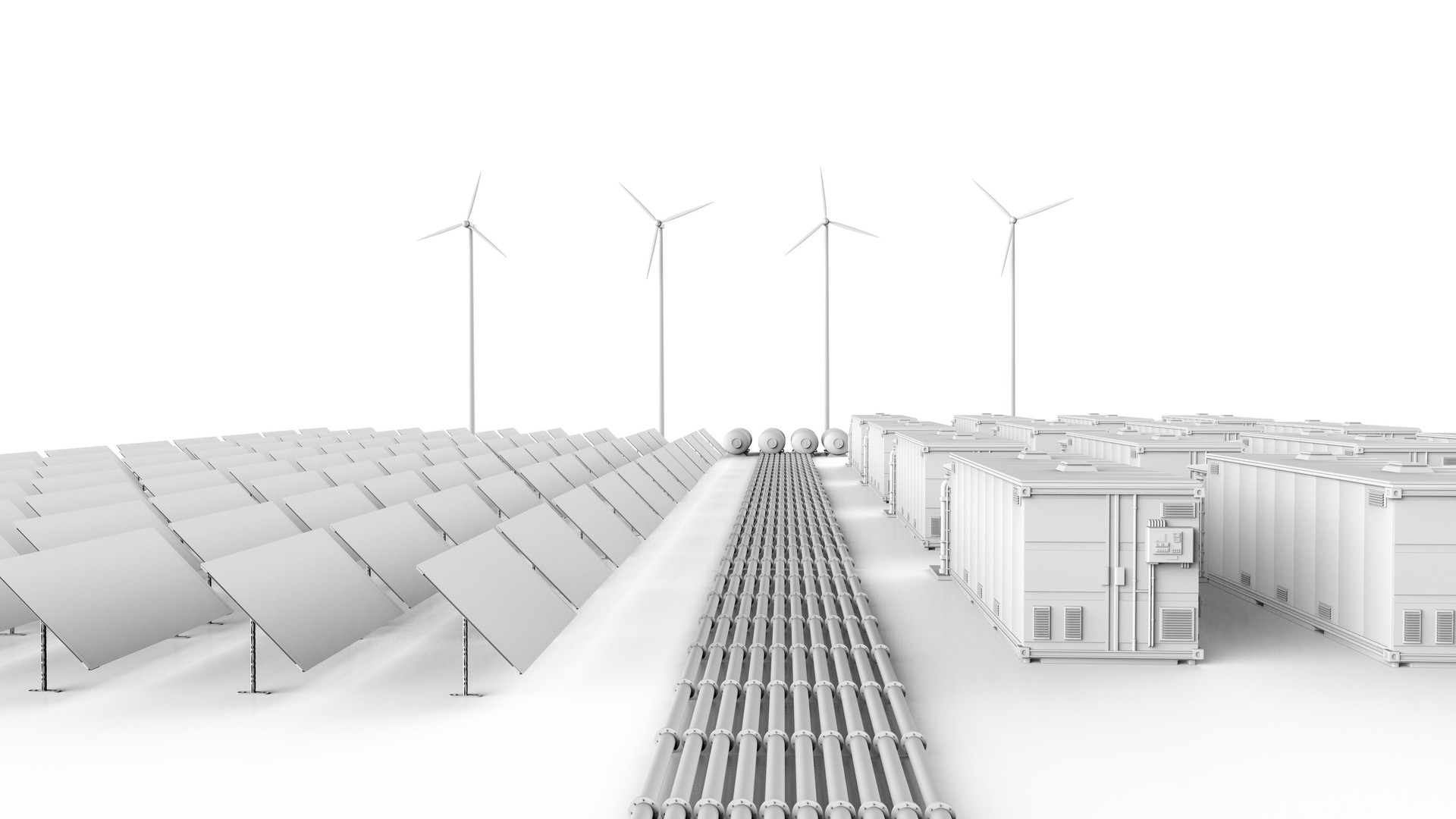 3d rendering amount of energy storage systems or battery container units with solar and turbine farm