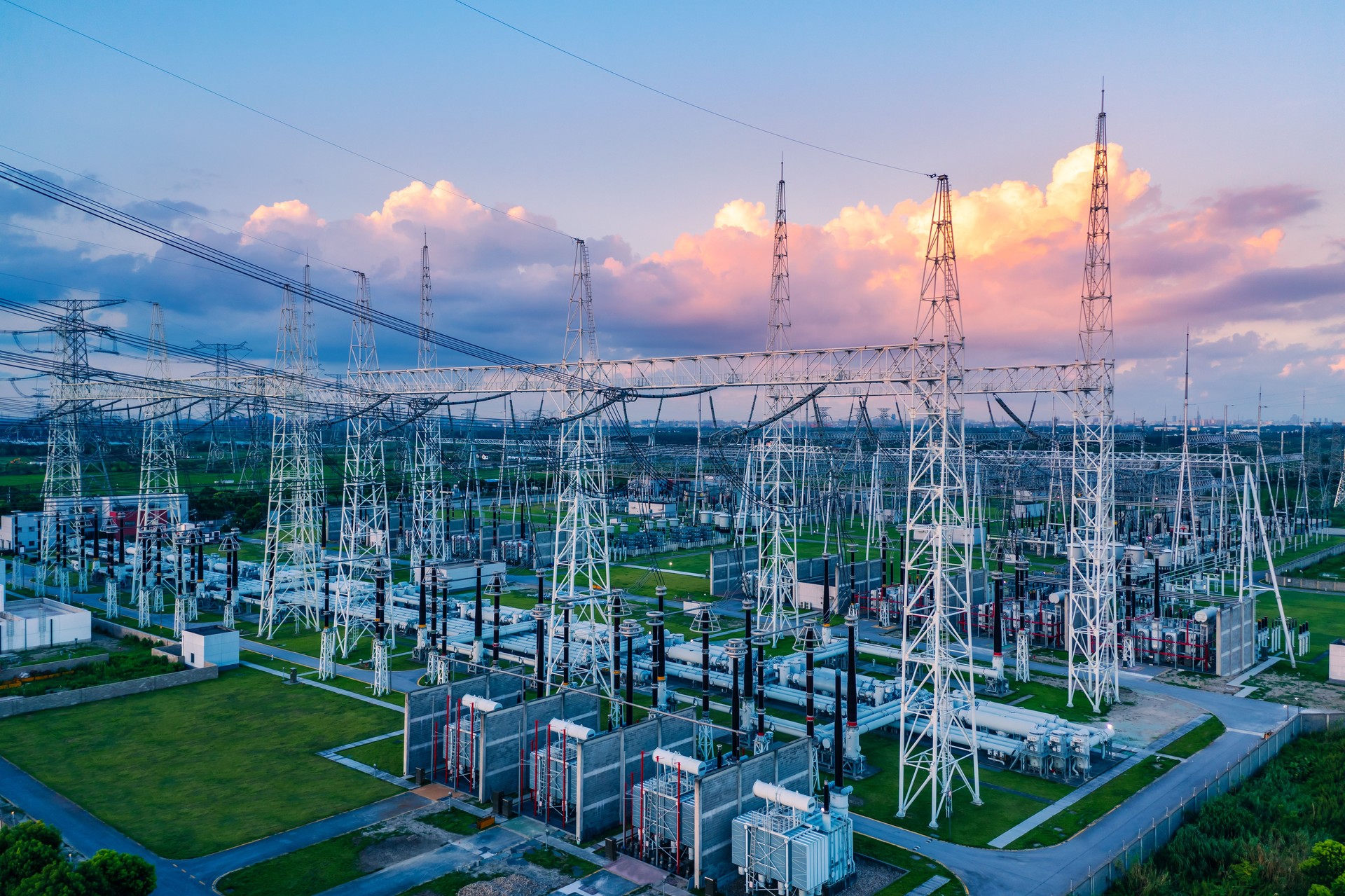 Aerial view of a high voltage substation.